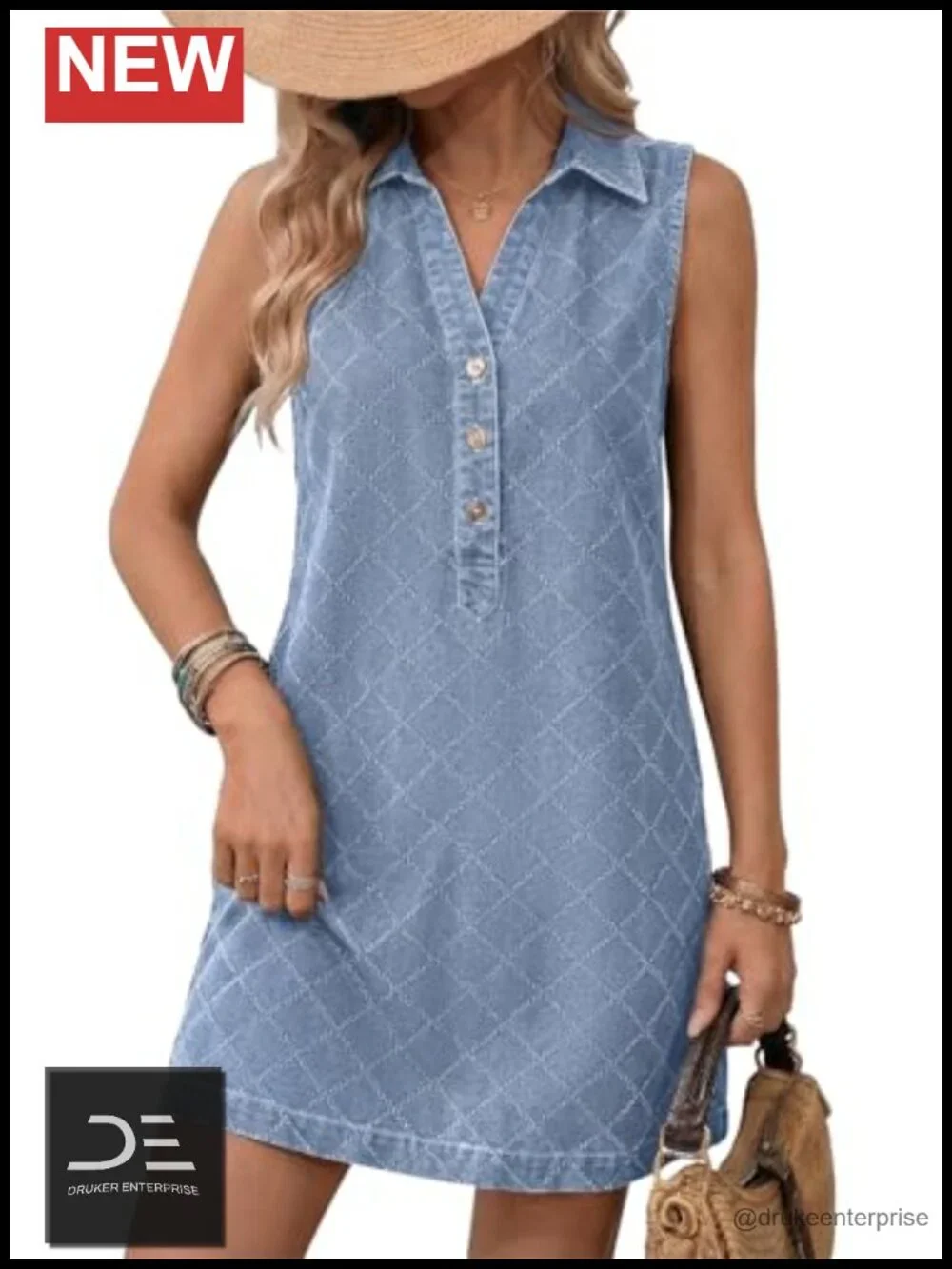 Denim Dress with Pockets Sleeveless V-Neck Button Front